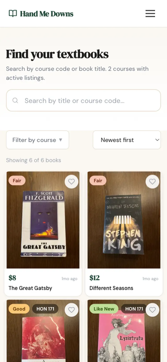 Hand Me Downs — browse textbook listings