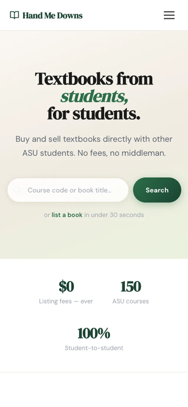 Hand Me Downs — landing page: textbooks from students, for students