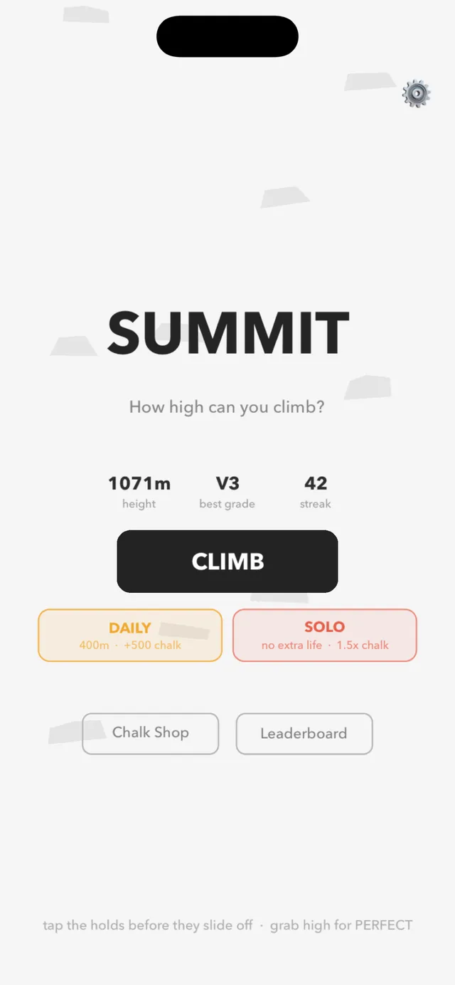 Summit — home screen: how high can you climb, with height, best grade and streak