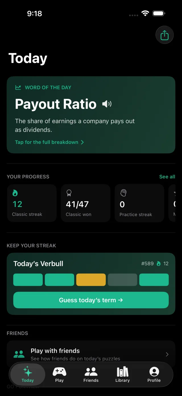 Verbull Today screen with the word of the day and a streak