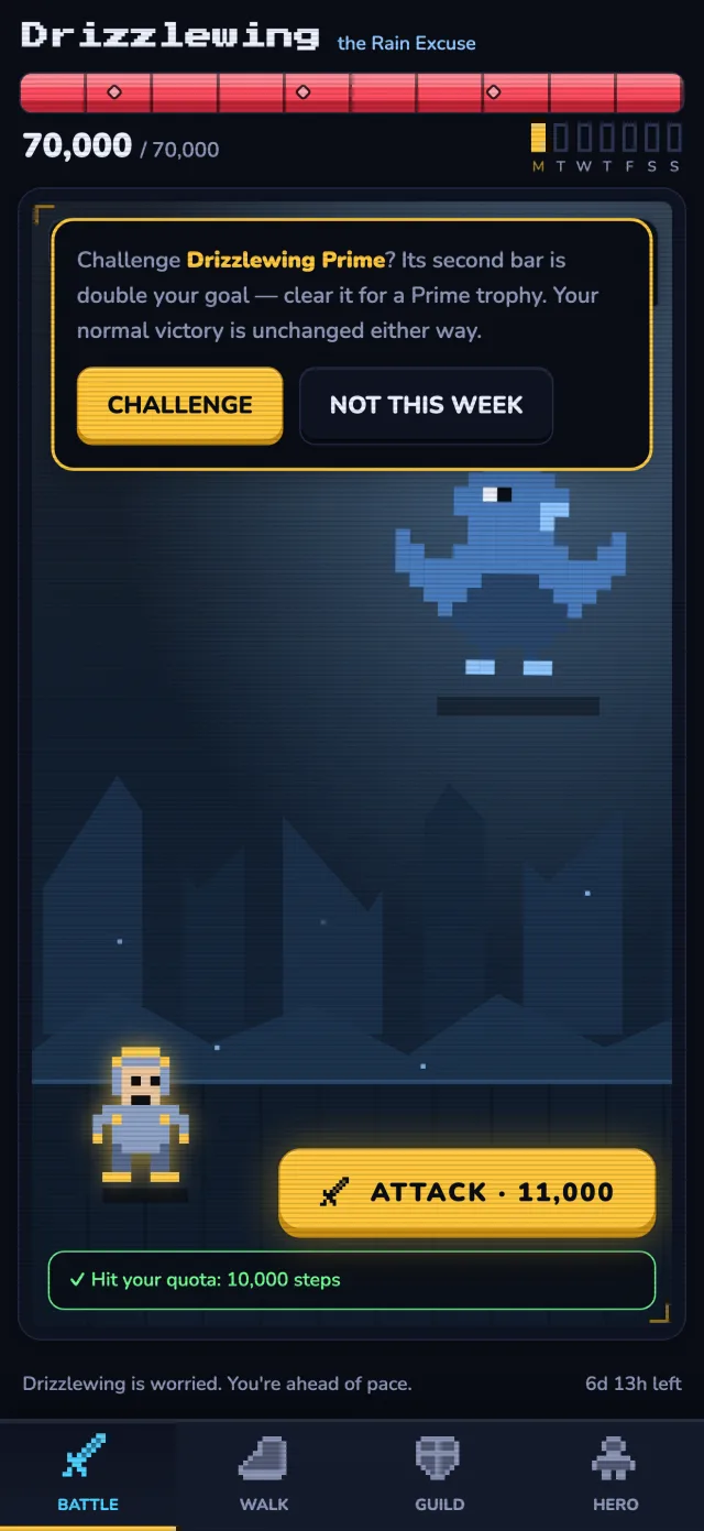 Walk RPG battle screen against the weekly boss